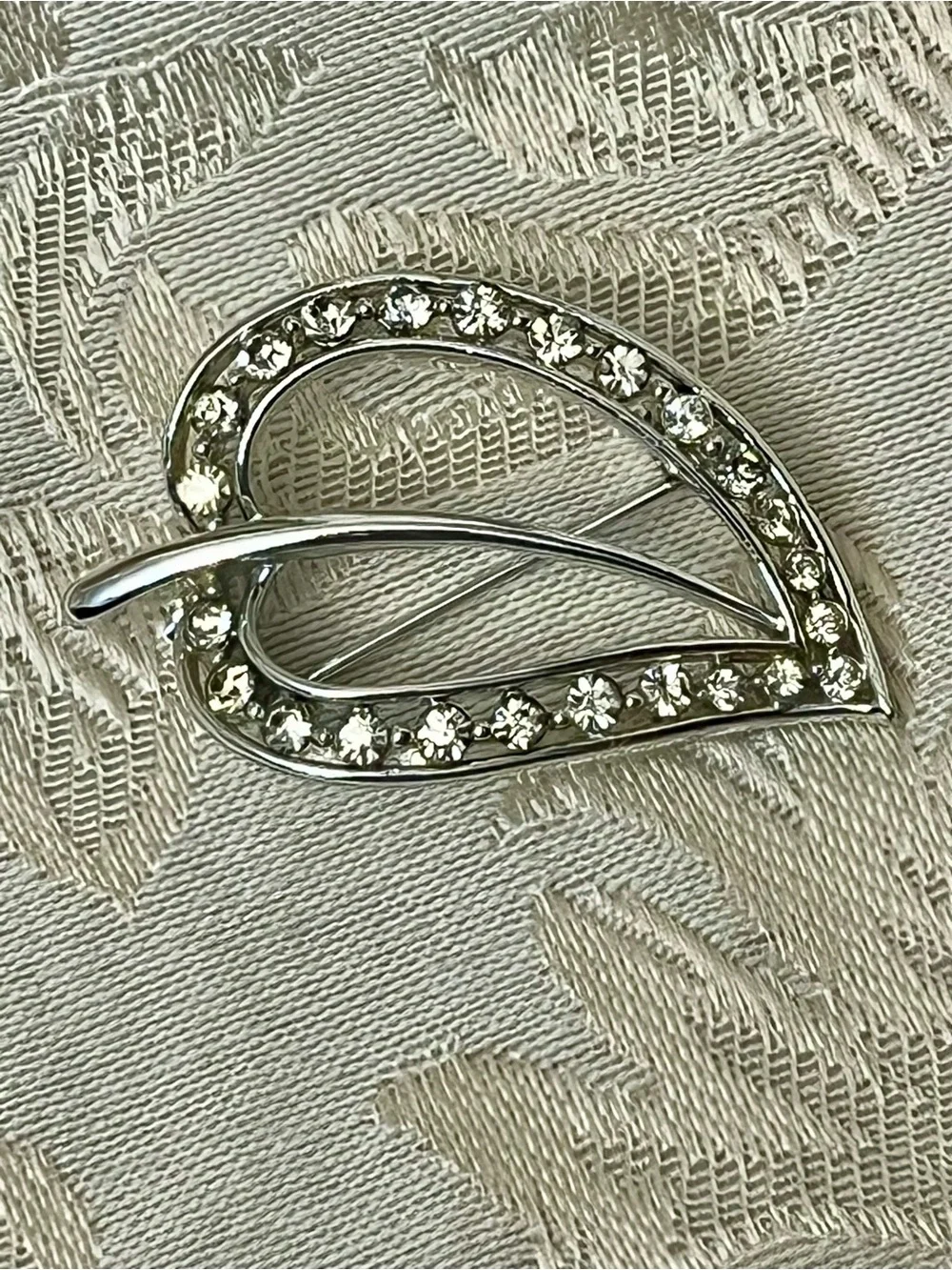 Vtg Lisner Silver Leaf Brooch Pin Clear Rhinestone Mid Century Retro Costume 2